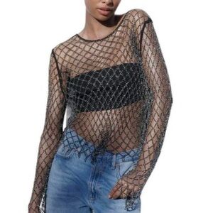 Zara Black Sheer Net Long-Sleeve Crop Top
